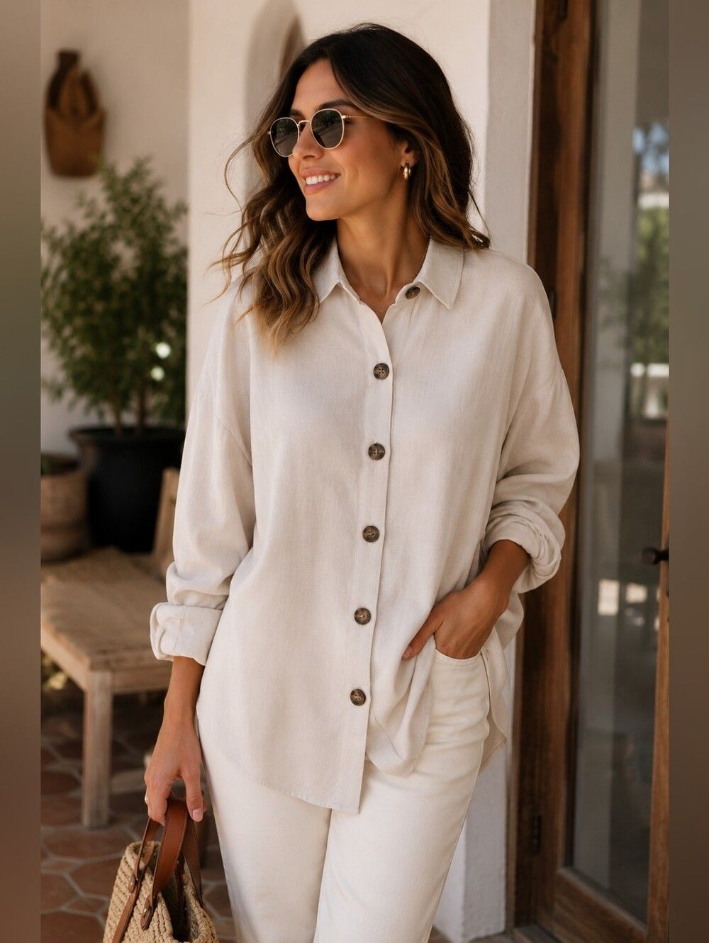Como Vintage Cream Textured Oversized Button-Down Shirt - Size S/P